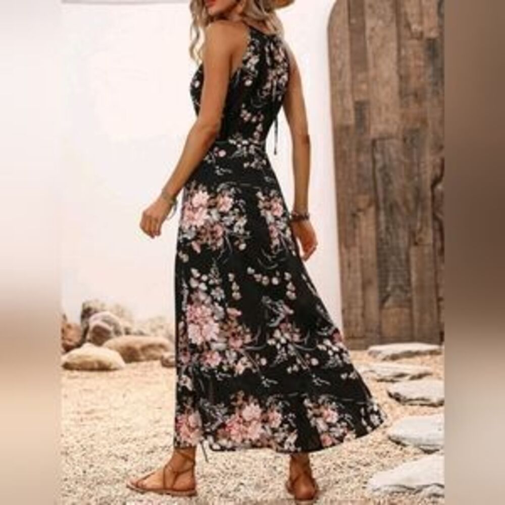 New Boho Floral Tie Halter Long Split Dress Black Pink - Picture 3 of 3